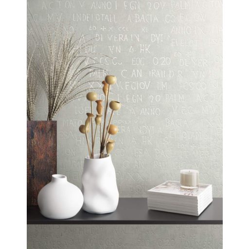 Misztikus írásjelek és szövegek beton/vakolt fal háttéren krém szürke és ezüst tónusok fényes mintarészletek tapéta