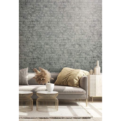 Misztikus írásjelek és szövegek beton/vakolt fal háttéren szürke/sötétszürke fehér és ezüst tónusok fényes mintarészletek tapéta