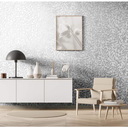 Virágos indamotívum modern fémes kiemeléssel bézs szürke és gyöngyház tónusok tapéta