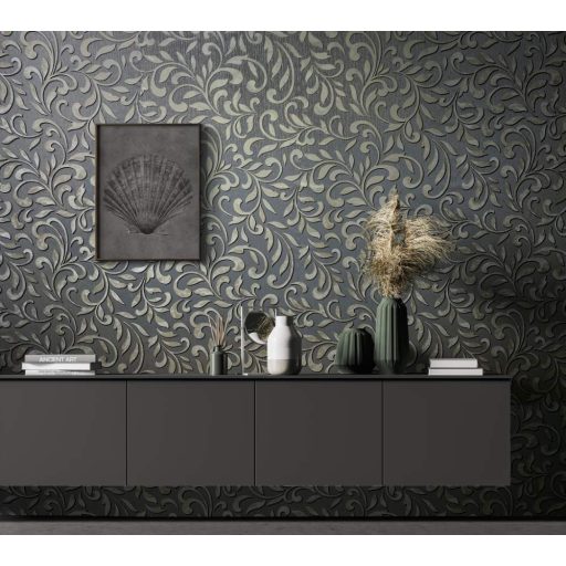 Virágos indamotívum modern fémes kiemeléssel szürke/sötétszürke és ezüst tónusok tapéta