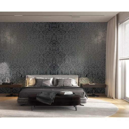 Klasszikus barokk díszítőminta vakolt fal háttéren sötétszürke és antracit tónusok tapéta