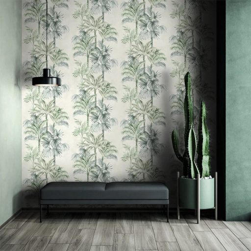 Trópusi feeling! Pálmaliget ábrázolás natur színekben törtfehér zöld és bézs tónus tapéta