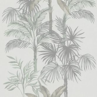   Trópusi feeling! Pálmaliget ábrázolás natur színekben törtfehér szürke szürkésbarna és zöld tónus tapéta