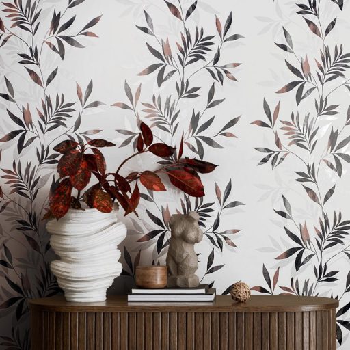 Finoman ívelő levélágak plasztikus és költői mintája fehér és szürkés-zöldtől rózsás-barnáig tónus finom fény tapéta