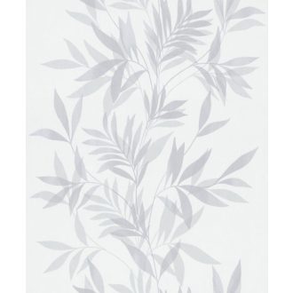   Finoman ívelő levélágak plasztikus és költői mintája fehér halvány szürke és ezüst tónus finom fény tapéta