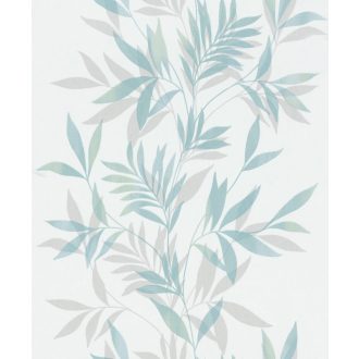   Finoman ívelő levélágak plasztikus és költői mintája fehér halvány türkiz szürke és szürkéskék tónus finom fény tapéta