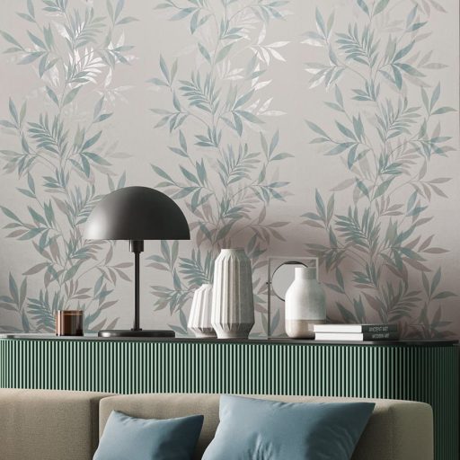Finoman ívelő levélágak plasztikus és költői mintája fehér halvány türkiz szürke és szürkéskék tónus finom fény tapéta