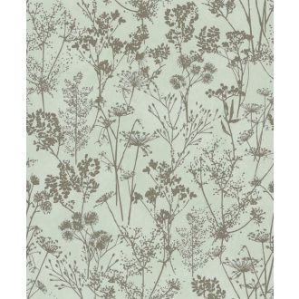   Természetes botanikai motívum - vadvirágok mintája pasztellzöld/mohazöld és aranyos-(meleg)szürkésbarna tónus finom fény tapéta