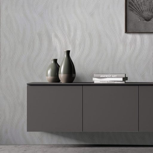 Esztétikus lágyan ívelő hullámformák mintája törtfehér finom bézs és világosszürke tónus tapéta