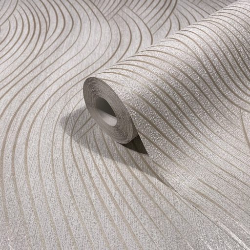 Esztétikus lágyan ívelő hullámformák mintája pezsgőszín meleg bézs és arany/bézsarany tónus finom fény tapéta