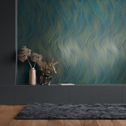Esztétikus lágyan ívelő hullámformák mintája türkiz kék zöld és arany tónus finom fény tapéta