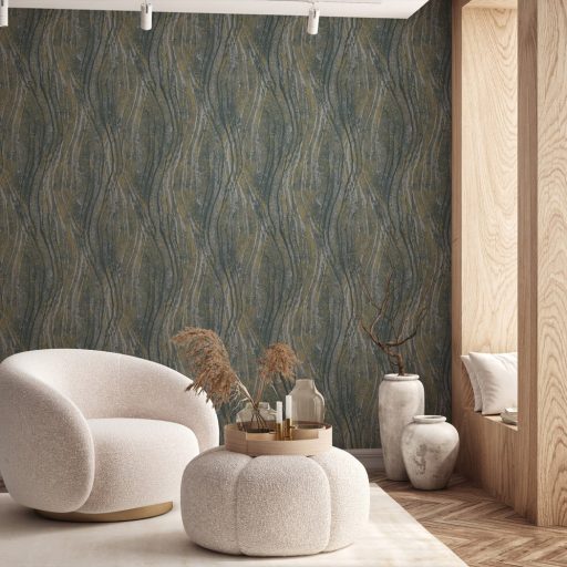 Homokkő rétegek és márvány erezet függőleges hullámokba rendezve szürke törtfehér aranysárga grafit és bézs tónus tapéta