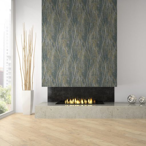 Homokkő rétegek és márvány erezet függőleges hullámokba rendezve szürke törtfehér aranysárga grafit és bézs tónus tapéta