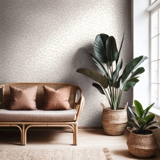 Stilizált finoman rajzolt tónusos levél motívum törtfehér szürkésfehér és halvány szürke tónus tapéta