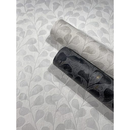 Stilizált finoman rajzolt tónusos levél motívum törtfehér szürkésfehér és halvány szürke tónus tapéta