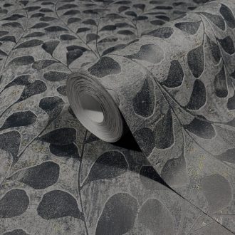   Stilizált finoman rajzolt tónusos levél motívum grafit fekete és arany tónus tapéta