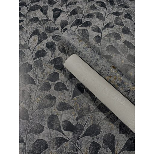 Stilizált finoman rajzolt tónusos levél motívum grafit fekete és arany tónus tapéta