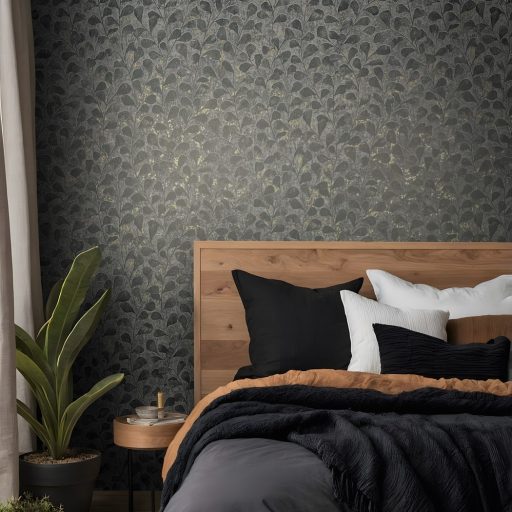 Stilizált finoman rajzolt tónusos levél motívum grafit fekete és arany tónus tapéta