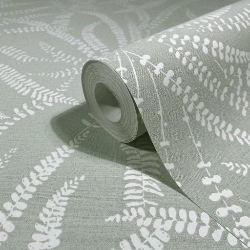 Herbárium lapjait idéző páfrányok lenyomata zsályazöld és fehér tónus selyemfényű textúra tapéta