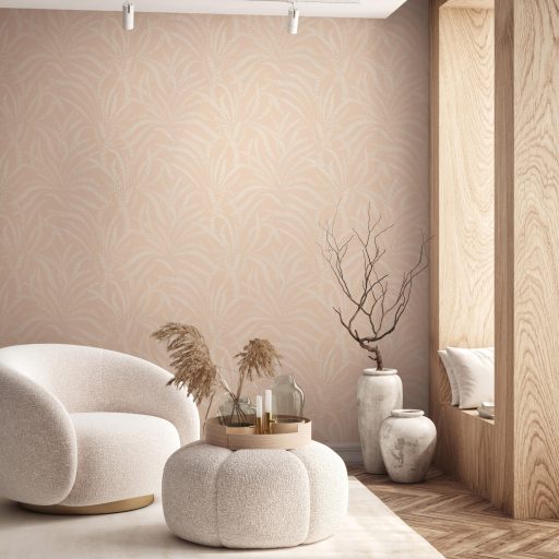 Herbárium lapjait idéző páfrányok lenyomata barackvirág és krémszín tónus selyemfényű textúra tapéta