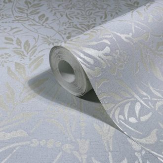   Keleties hatású dísztőminta - tulipánok indák és virágfejek motívumaival acélkék/szürkéskék és aranyba hajló ezüst tónus tapéta