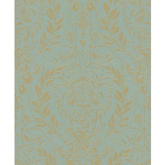   Keleties hatású dísztőminta - tulipánok indák és virágfejek motívumaival zsályazöld/kékeszöld és arany tónus fémes hatás tapéta