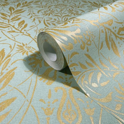 Keleties hatású dísztőminta - tulipánok indák és virágfejek motívumaival zsályazöld/kékeszöld és arany tónus fémes hatás tapéta