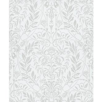   Keleties hatású dísztőminta - tulipánok indák és virágfejek motívumaival ezüstfehér és szürke tónus fémes hatás tapéta