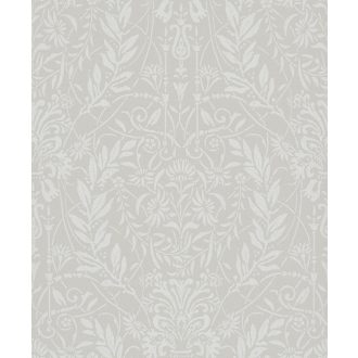   Keleties hatású dísztőminta - tulipánok indák és virágfejek motívumaival gyöngyházfényű pezsgő hamvasszürke és ezüst tónus tapéta