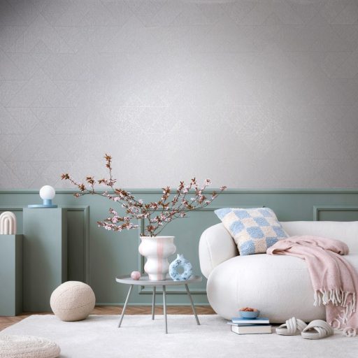 Finom árnyalt színvilágú geometriai minta lágy kontúrokkal fehér gyöngyház és világosszürke tónus tapéta