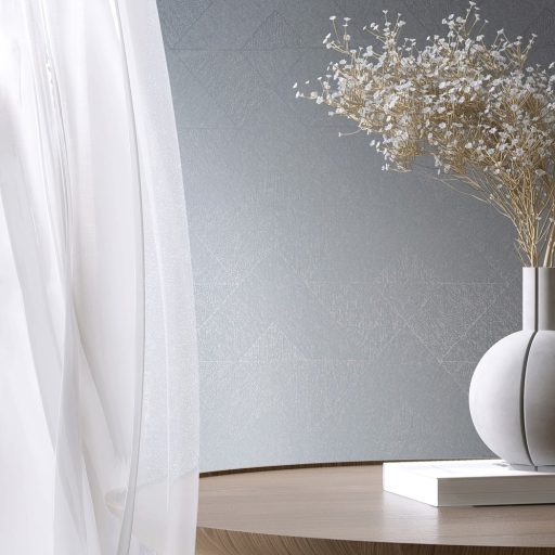 Finom árnyalt színvilágú geometriai minta lágy kontúrokkal kék szürkéskék és ezüst tónus tapéta