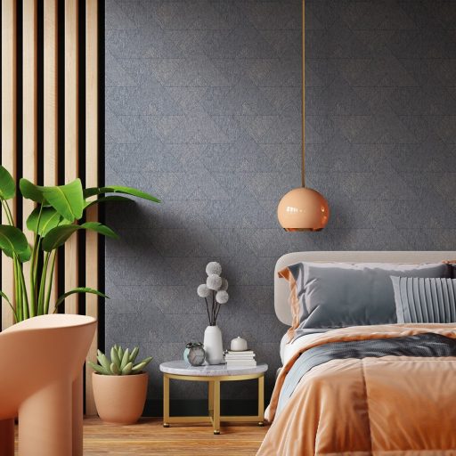 Finom árnyalt színvilágú geometriai minta lágy kontúrokkal kék/sötétkék arany/bézsarany és szürke tónus tapéta