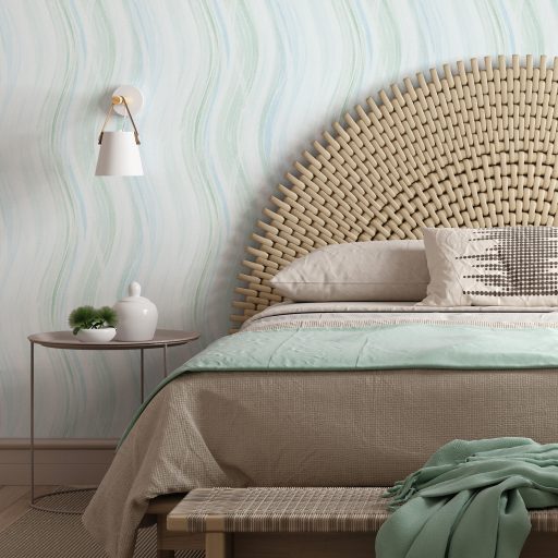 Akvarell hullámzó ecsetvonások grafikus minta pasztell árnyalatokban fehér halvány kék és zsályazöld tónus tapéta