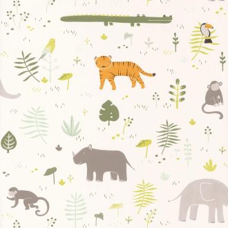   Casadeco Happy Dreams 82727304 SAVANNA KHAKI szavannai állatok krémfehér zöld barna narancs tapéta