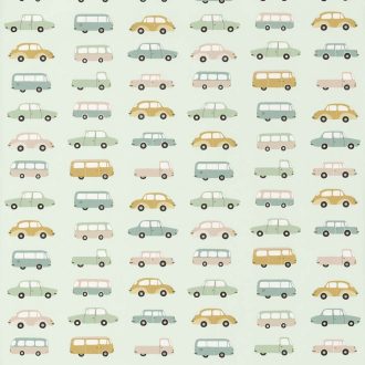   Casadeco Happy Dreams 82767315 ALL OVER VINTAGE CARS MENTHE VERT menta sárga bézs zöld fehér tapéta