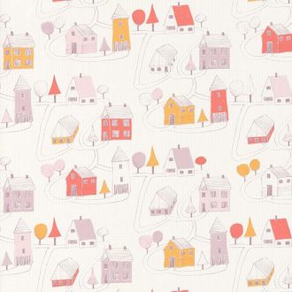   Casadeco Happy Dreams 82841230 SMALL VILLAGE ROSE CORAIL falu krémfehér rózaszín lila korall sárga tapéta