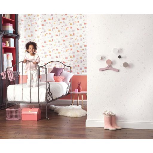 Casadeco Happy Dreams 82841230 SMALL VILLAGE ROSE CORAIL falu krémfehér rózaszín lila korall sárga tapéta
