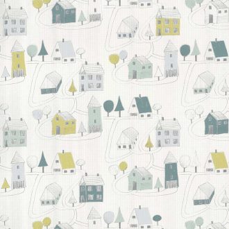   Casadeco Happy Dreams 82847128 SMALL VILLAGE MENTHE VERT falu krémfehér zöld kék menta tapéta