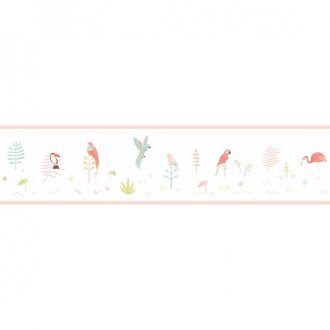   Casadeco Happy Dreams 82873235 FRISE TROPICAL CORAIL trópusi madarak krémfehér korall szines bordűr