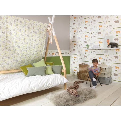 Casadeco Happy Dreams 82887332  FRISE SAVANNA KHAKI szavannai állatok krémfehér szürke zöld menta  bordűr