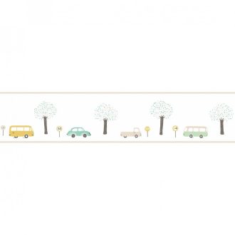   Casadeco Happy Dreams 82907342  FRISE VINTAGE CARS MENTHE autós krémfehér menta  sárga barna bordűr