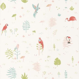   Casadeco Happy Dreams 82923102 TROPICAL CORAIL trópusi madarak krémfehér korall szines tapéta