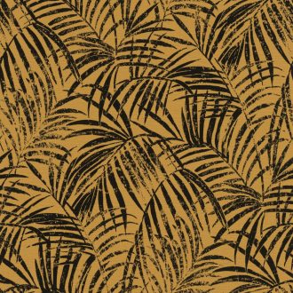   Rasch Denzo II 832136  Natur trópusi finoman rajzolt pálmalevelek textilstruktúra okkersárga fekete tapéta