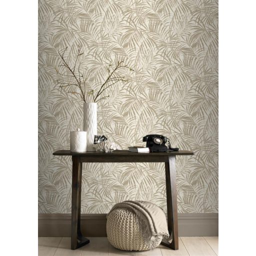 Rasch Denzo II 832174  Natur trópusi finoman rajzolt pálmalevelek textilstruktúra krémfehér csillogó arany tapéta