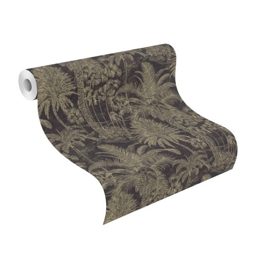 Rasch Denzo II 832525  Natur trópusi magas pálmafák majmokkal fekete bézsarany/arany finom csillogás tapéta