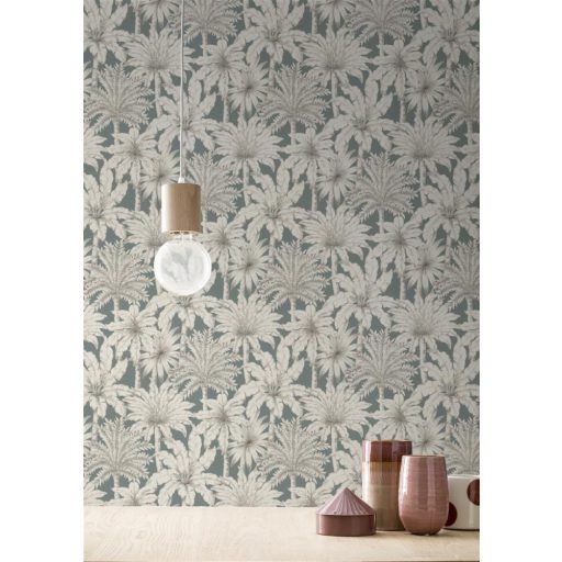 Rasch Denzo II 832723 Natur trópusi pálma motívum finom ceruzarajzolattal kékes szürke krémfehér fekete tapéta