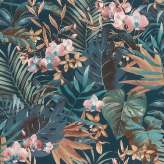   Rasch SALSA 833133 Natur Botanikus egzotikus virágok levelek sötétzöld kék zöld piros barna tapéta