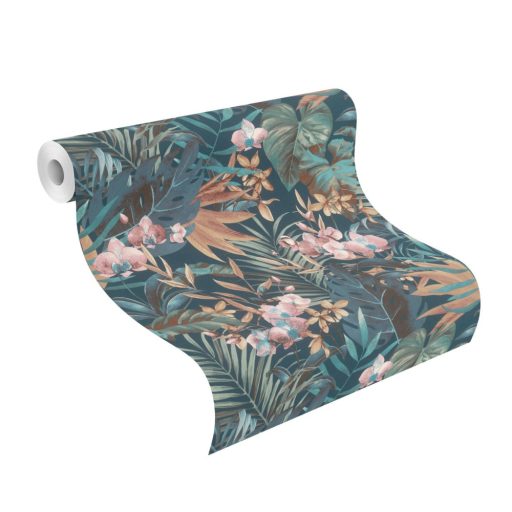 Rasch SALSA 833133 Natur Botanikus egzotikus virágok levelek sötétzöld kék zöld piros barna tapéta