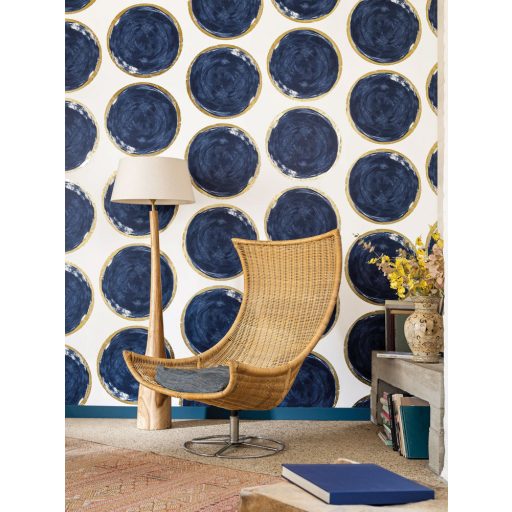 Casadeco Idylle 83816506 VOLTA BLUE/OR design művészi geometrikus óriás körök fehér mélykék csillogó arany szegély tapéta