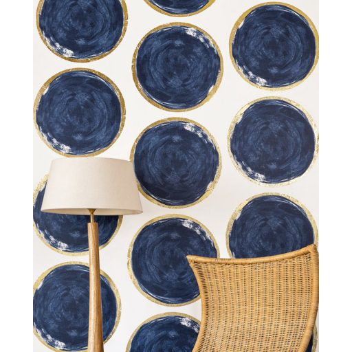 Casadeco Idylle 83816506 VOLTA BLUE/OR design művészi geometrikus óriás körök fehér mélykék csillogó arany szegély tapéta